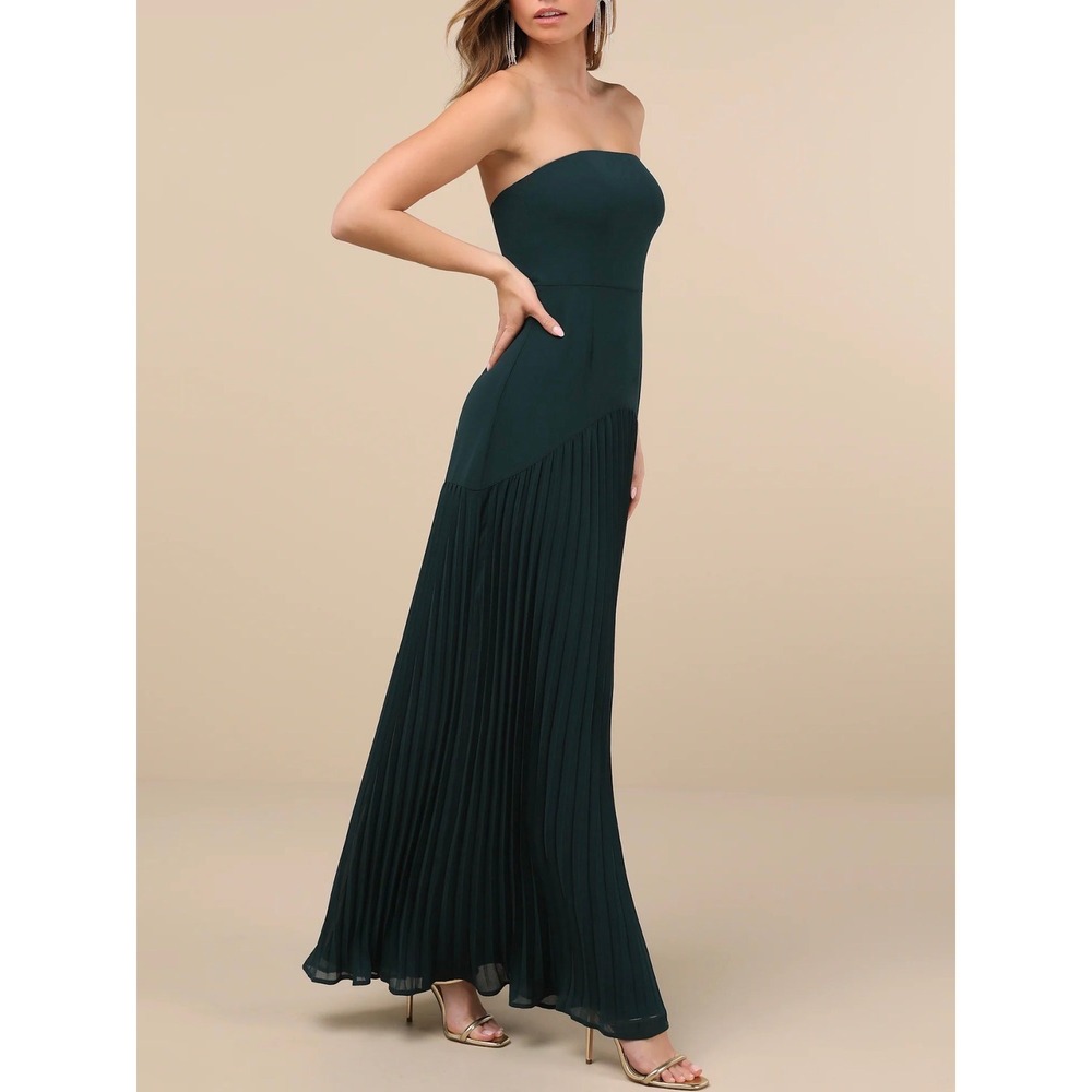 Lulus Celebratory Aesthetic Emerald Pleated Strapless Maxi Gown XL NEW 2676
